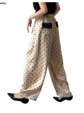 Polka Dots Dressy Pants Lace Straight Leg Barrel Trousers Office